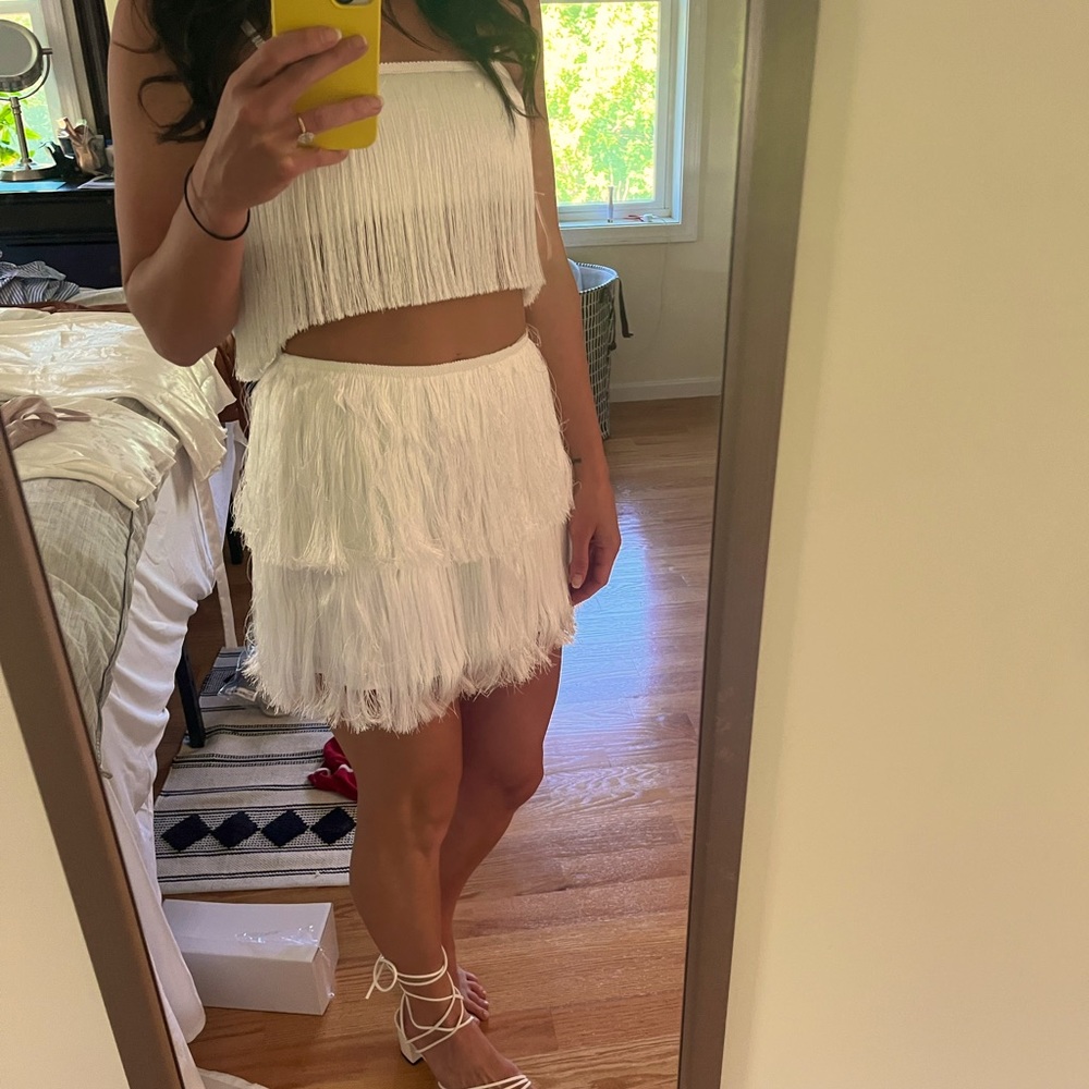 Two piece fringe white outfit | bachelorette